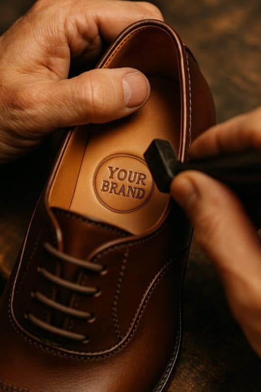 Embossed logo on leather insole